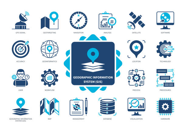 stockillustraties, clipart, cartoons en iconen met geographic information system solid icon set - fysische geografie