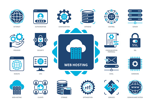 Web Hosting icon set. Email Hosting, Website, Server, Database, Domain Name System, Configuration, Storage, Security. Duotone color solid icons