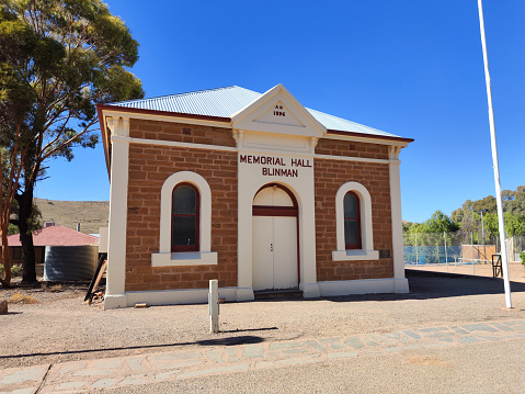 Old fashioned Memorial Hall in the historic mining town of Blinman. The hall commemorates those who served in conflicts in which Australia has been involved. The hall building was erected in 1896. South Australia.
