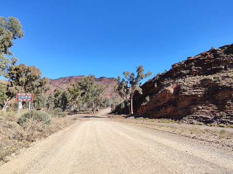 The Dirt road through the Parachilna Gorge, a gorge on the western side of the Flinders Ranges in South Australia.