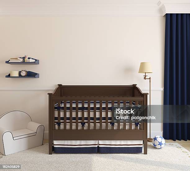 Interior Of A Nursery With Dark Blue Accents And A Crib Stock Photo - Download Image Now