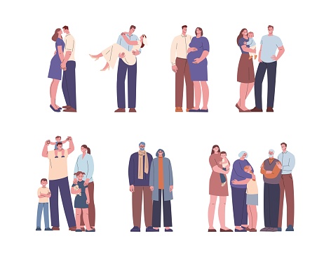 Family stages from teens to old people with descendants. Relationship development step by step. Different ages in love kicky vector scenes. Illustration of family cartoon growth cycle