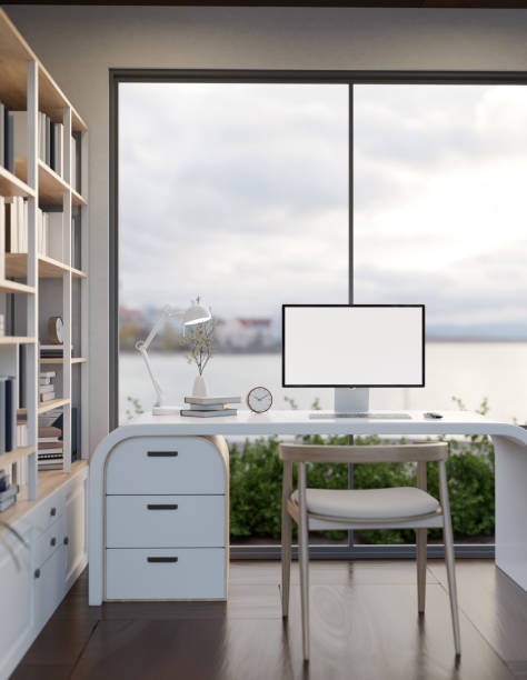 istock Interior design of a modern home office or private office room with a computer mockup on a desk. 1824066968
