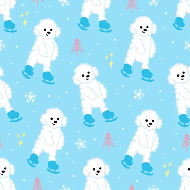 Vector illustration of Poodle dog Ice-skating seamless pattern vector illustration. White Poodle dog on winter background