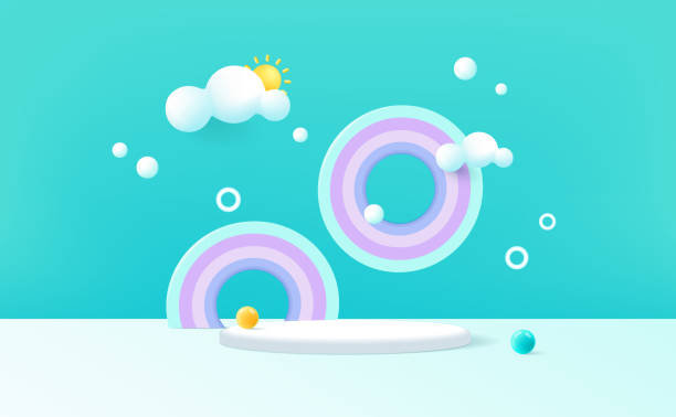 istock 3D rendering podium with color pastel background, clouds and weather with space for kids or baby product 1824068022