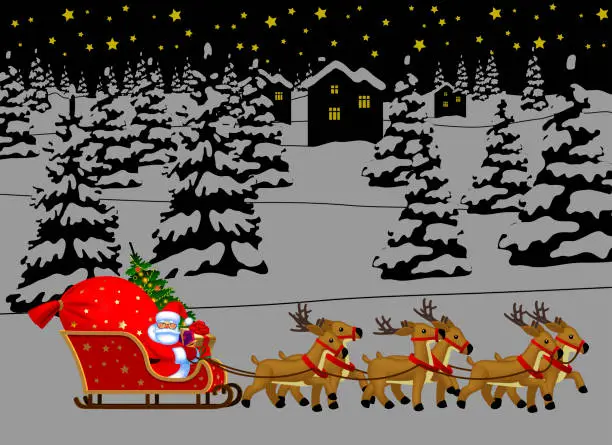 Vector illustration of Santa Claus on reindeer with a big red sack against the background of a winter fir forest in the snow.