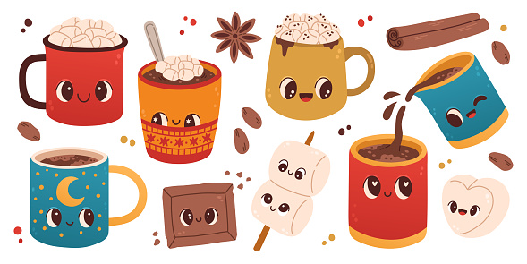 Cute set of mugs with hot cocoa or coffee, marshmallows on white background. For greeting cards, party invitations, posters or stickers