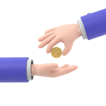 Cartoon Gesture Icon Mockup.Businessman giving money to beggar.3D rendering on white background.