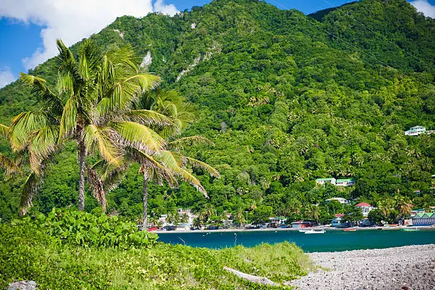 "The Soufri&#232;re Bay and the Scotts Head village in Dominica, a caribbean island in Lesser Antilles."