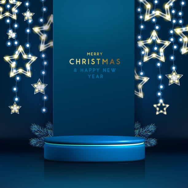 istock Holiday Christmas showcase blue background with 3d podium and Christmas garland. Abstract minimal scene. Vector illustration 1824092471