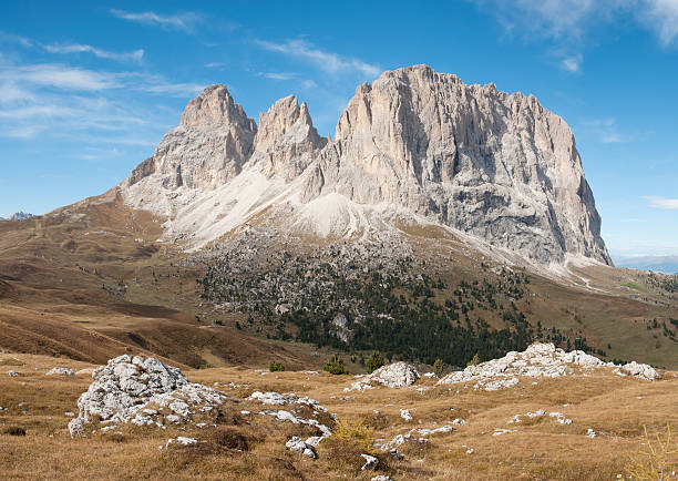 Dolomite mountains rise above grassy plain stock photo