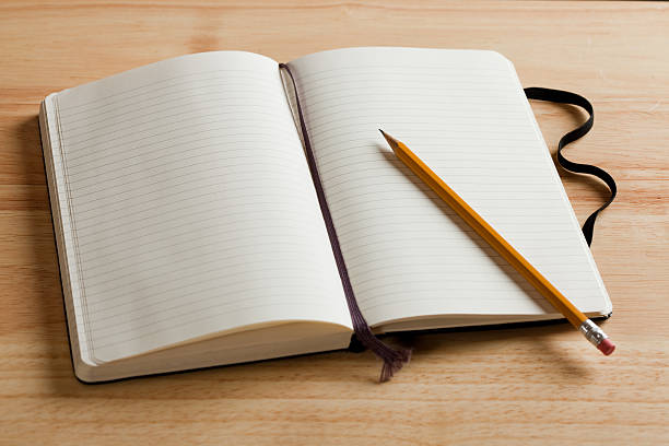 Journal laid open on a desktop, ready for notes or thoughts. Tight depth of field focused smack dab in center of pages.