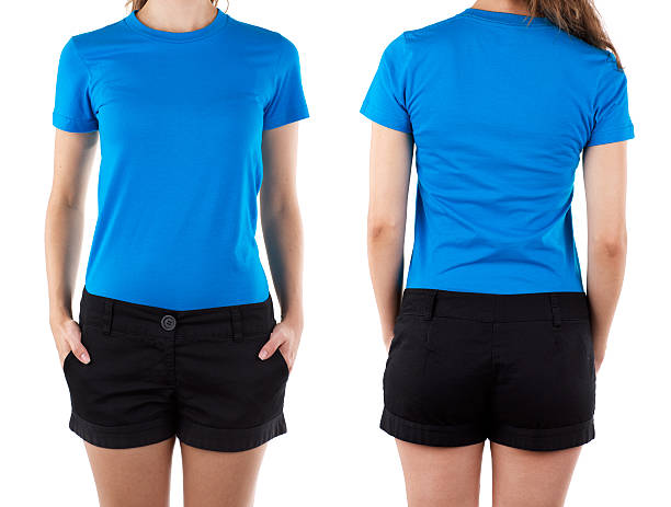 Front and rear view of woman wearing blue shirt Please view more blank shirt photos here: blue t shirt stock pictures, royalty-free photos & images