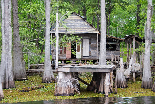 Shack on the bayou A decrepit old abandoned house located in a swamp in Louisiana. bayou shack stock pictures, royalty-free photos & images