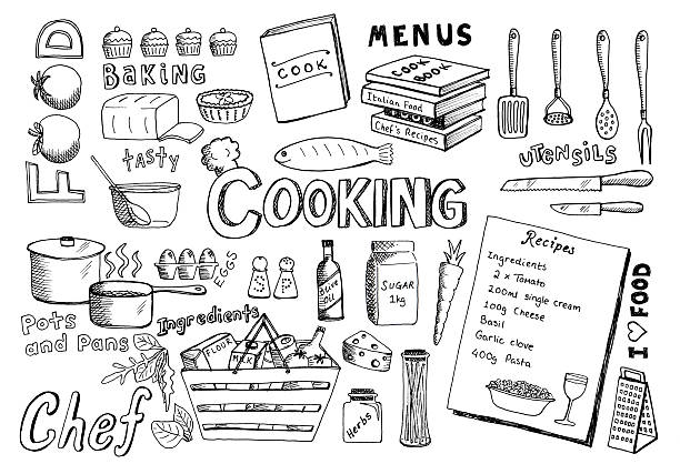 kochen und kritzeleien - food bread groceries basket stock-grafiken, -clipart, -cartoons und -symbole
