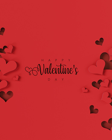 Red Valentine's Day greeting card design with cut out red paper hearts and Happy Valentine's Day text. 3D Rendering, 3D Illustration