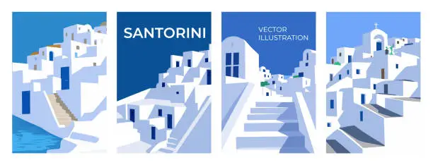 Vector illustration of Street view of Traditional Santorini Greece architecture, white houses, arcs, stairs. Flat style, minimalistic. Vertical Orientation. Vector illustration set for covers, prints, posters