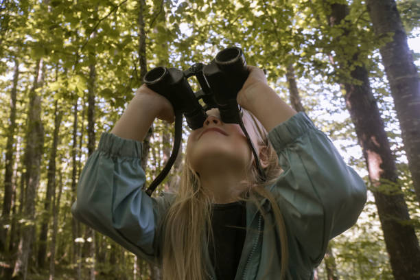 istock Cute little girl exploring nature looking through binoculars. Child playing outdoors. Kids travel, adventure and bird watching concept. 1824138892