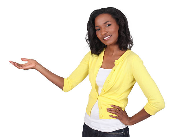Isolated casual woman hand on hip presenting