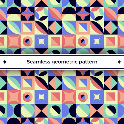 Geometric modern children's pattern complex seamless with different cubes complex balls yellow purple coral peach lemon vector image for children's wallpaper