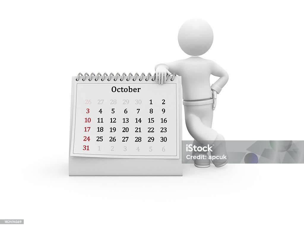 3 D blanco de carácter y descktop calendario. El mes de octubre. - Foto de stock de Acontecimiento anual libre de derechos