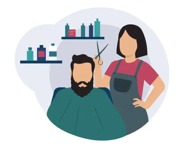 Vector illustration of Woman in uniform holding scissors and doing haircut to man