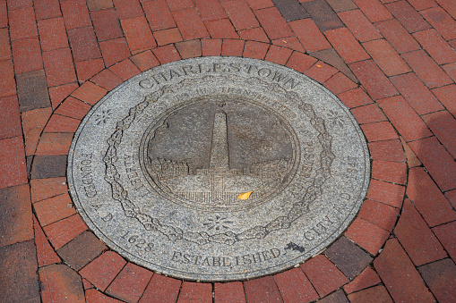 Plaque on the Freedom Trail at Charlestown, Boston.
