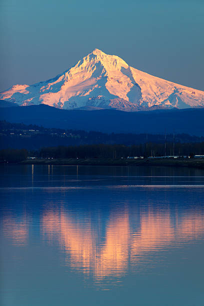 Mt Hood Columbia River Oregon Reflection. "Mt Hood at sunset reflecting in the Columbia River, Oregon." mt hood photos stock pictures, royalty-free photos & images