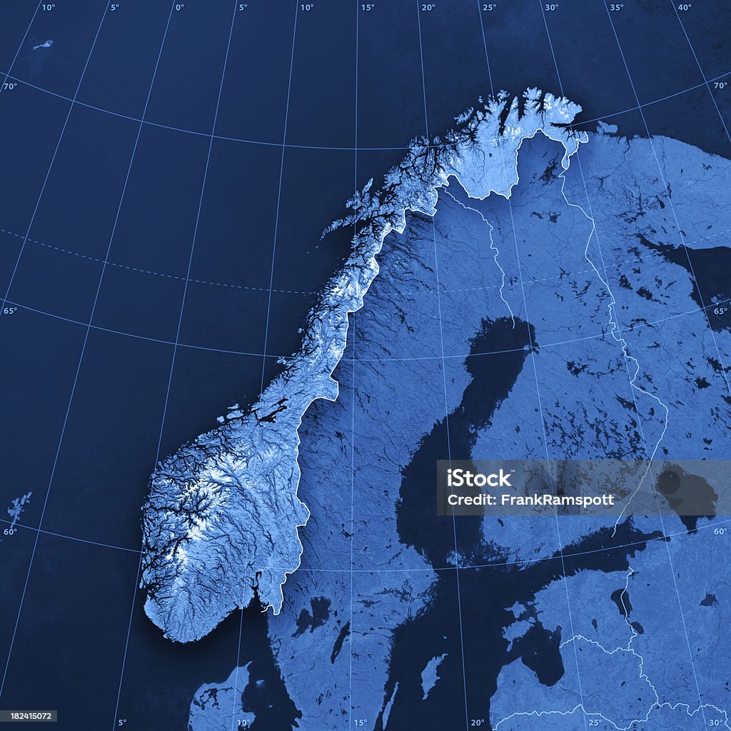 Norway Topographic Map "3D render and image composing: Topographic Map of Norway. Including country borders, rivers and accurate longitude/latitude lines. High resolution available! High quality relief structure!Relief texture and satellite images courtesy of NASA. Further data source courtesy of CIA World Data Bank II database.Note: This image is perfectly congruent to the image" Norway Stock Photo