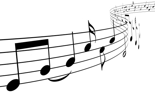 White musical notes floating in mid air on white background in monochrome and minimalism. Illustration of the concept of music