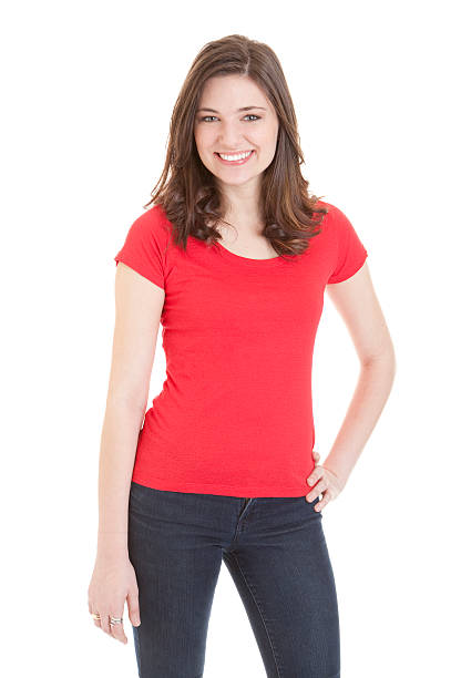 istock Young woman in red top smiling against a white background 182416519