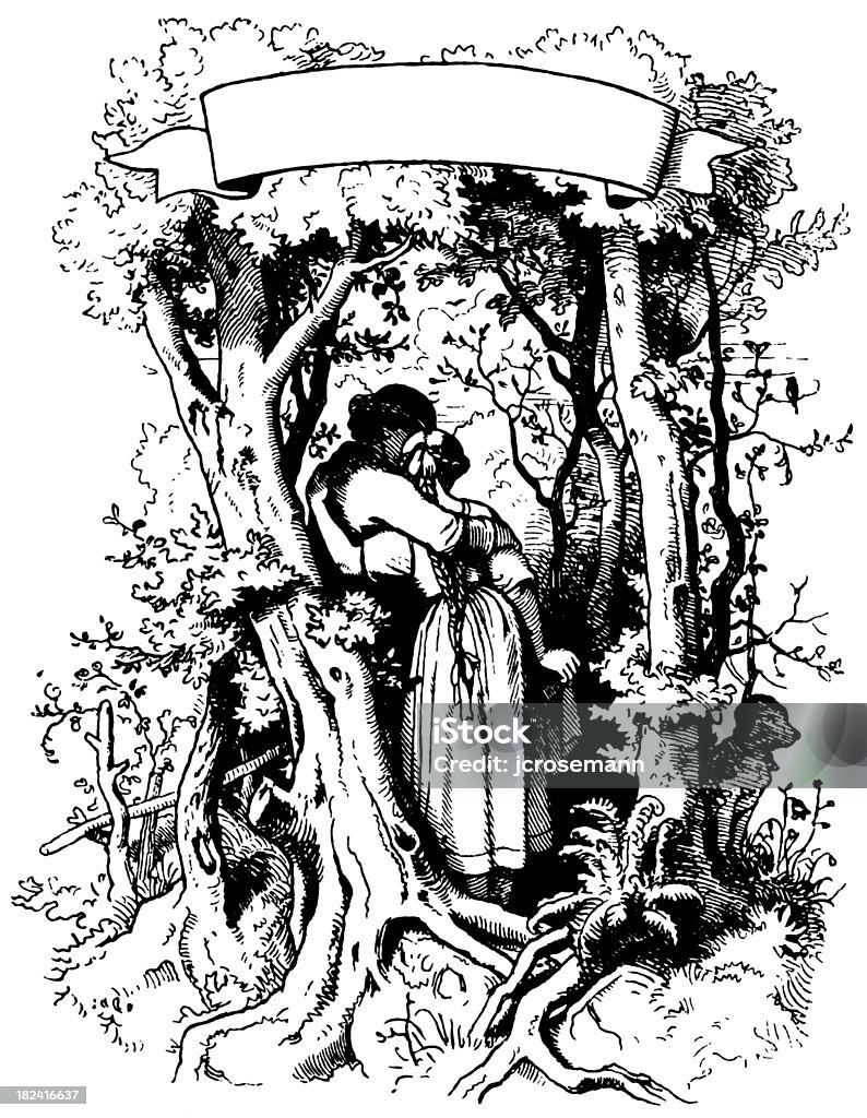 Lovers in the forest "Engraving by Adrian Ludwig Richter (September 28, 1803 aa June 19, 1884), a German painter and etcher. Photographed and edited by J. C. Rosemann." Adult stock illustration
