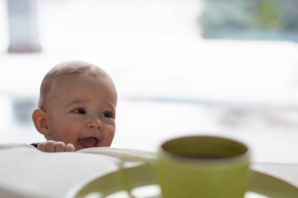 Laughing mischievous toddler with a cute naughty expression, little blonde boy troublemaker, daily home life childhood scene copy space