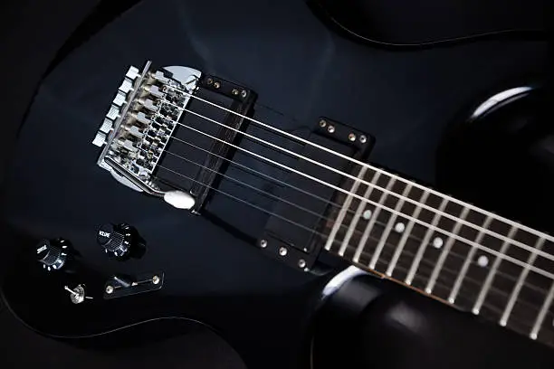 All black 80's solid body electric guitar on black textured background.