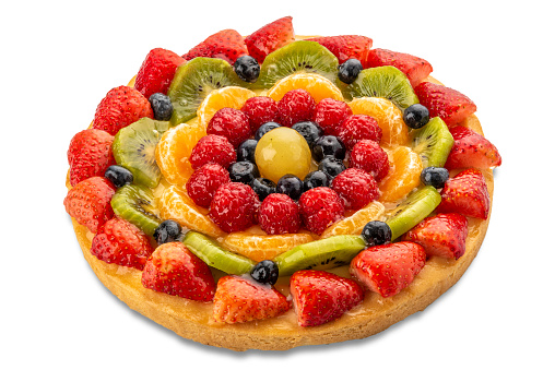 Tart cake with fresh fruit: strawberries, kiwi ,tangerine,raspberries and blueberries. Isolated on white with clipping path included
