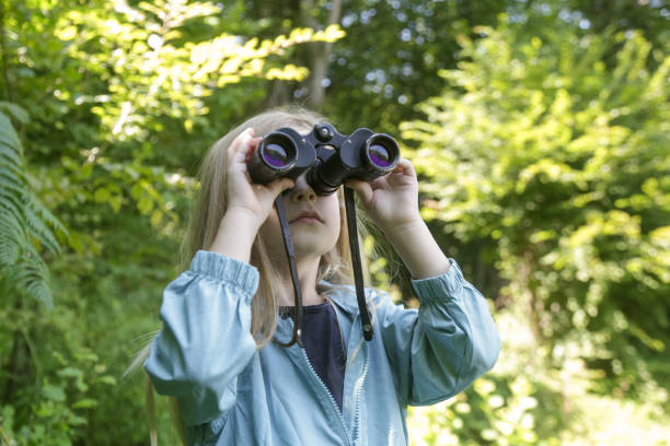 istock Cute little girl exploring nature looking through binoculars. Child playing outdoors. Kids travel, adventure and bird watching concept. 1824176295