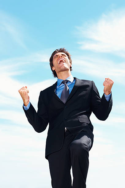 istock Successful business man with clenched fist against sky 182418321