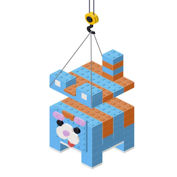 Vector illustration of Assembling a cat from plastic blocks. Vector