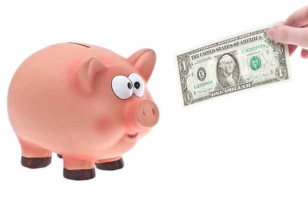 istock Piggy bank following one dollar bill 182418733