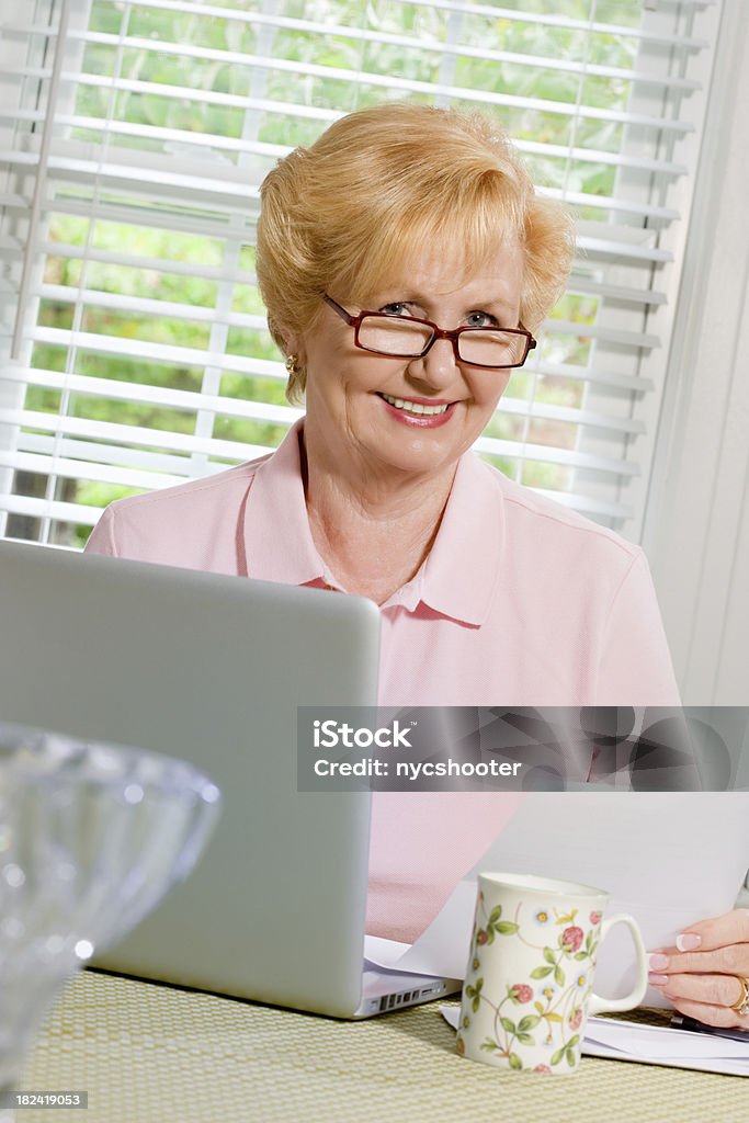 Mulher sênior trabalhando com o laptop e finanças - Foto de stock de Conta - Instrumento financeiro royalty-free