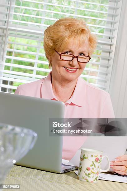 Foto de Mulher Sênior Trabalhando Com O Laptop E Finanças e mais fotos de stock de Conta - Instrumento financeiro - Conta - Instrumento financeiro, Felicidade, Interior