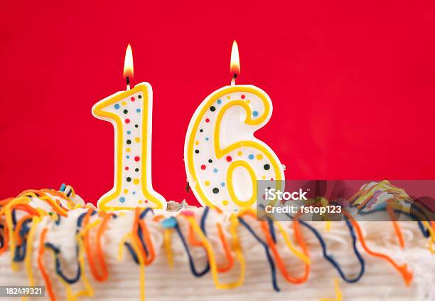 Decorated Birthday Cake With Number 16 Buring Candles Red Background Stock Photo - Download Image Now