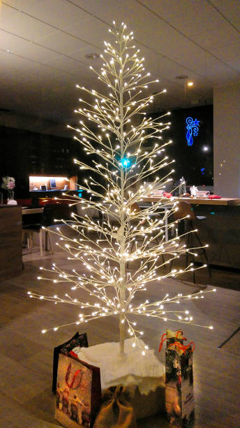 Illuminated  Christmas tree, presents, modern indoor decoration
