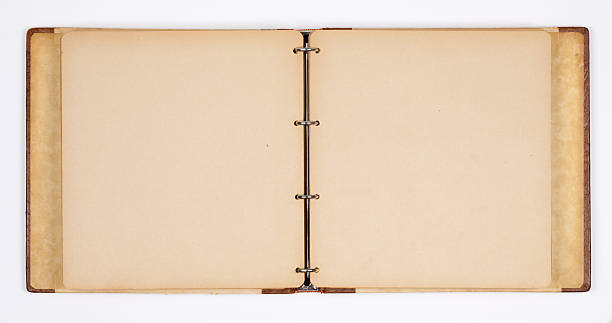 A empty open photo album with insets Old unfolded photo album on white paper background. Leather details and drop shadow. Clipping path for the album is included.See also: unfolded stock pictures, royalty-free photos & images