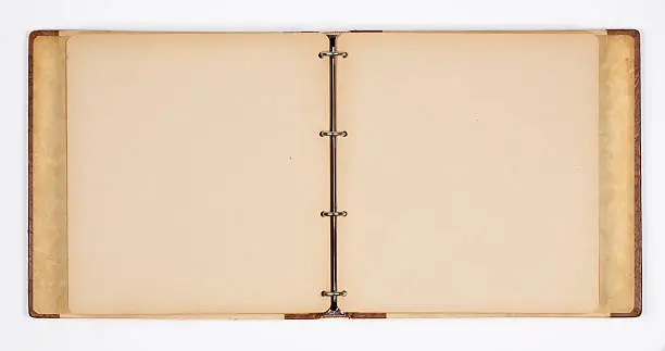 Old unfolded photo album on white paper background. Leather details and drop shadow. Clipping path for the album is included.See also: