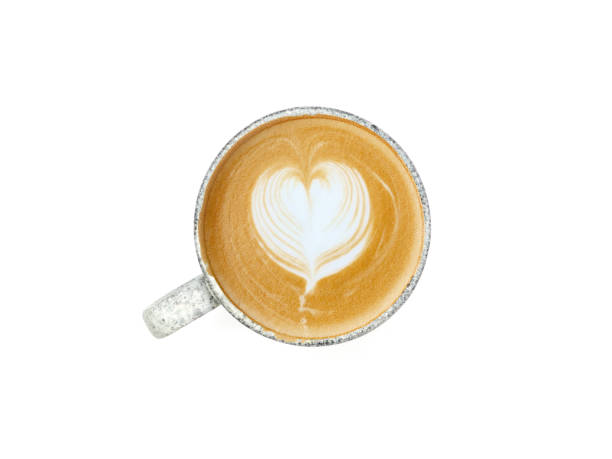 istock Hot latte coffee with an art heart shape in grey ceramic mug isolated on white background. Top view flat lay, space for your text. 1824203146