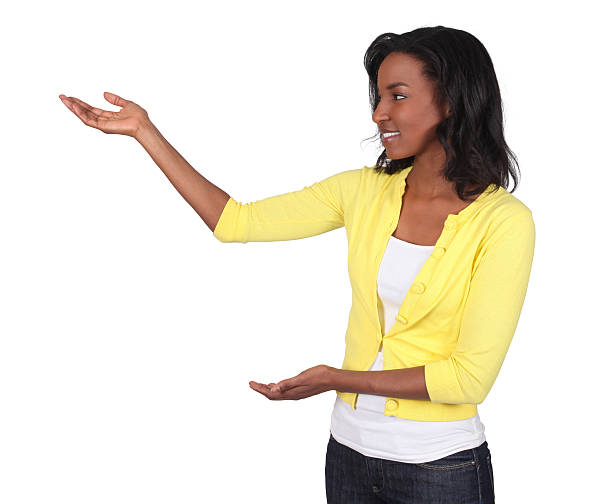 istock Isolated casual woman showing with hands 182420418