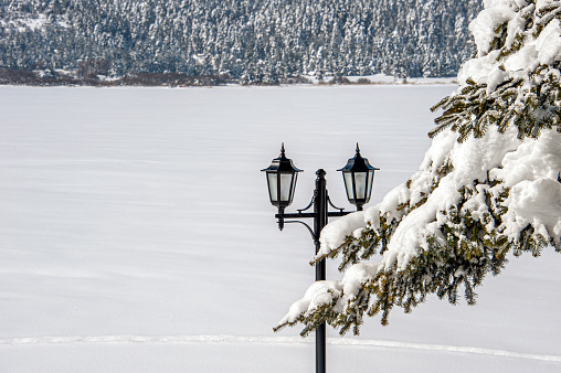 Frozen lake and lighting lamp in Abant