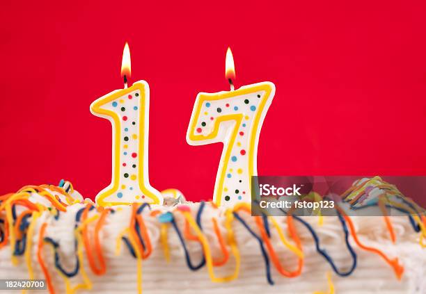 Decorated Birtday Cake With Number 17 Candles Red Background Stock Photo - Download Image Now