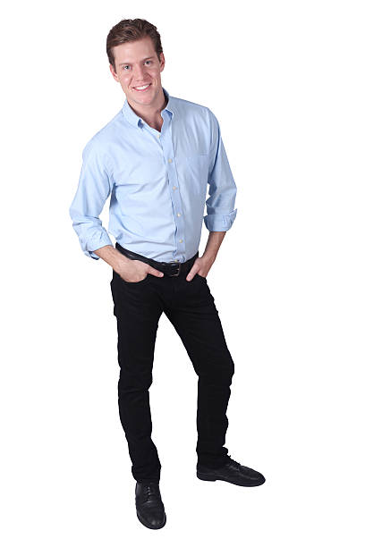 istock Isolated casual male standing hands in pockets 182421031